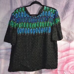 Vintage 100% Silk Sequin & Beaded Top Sz L